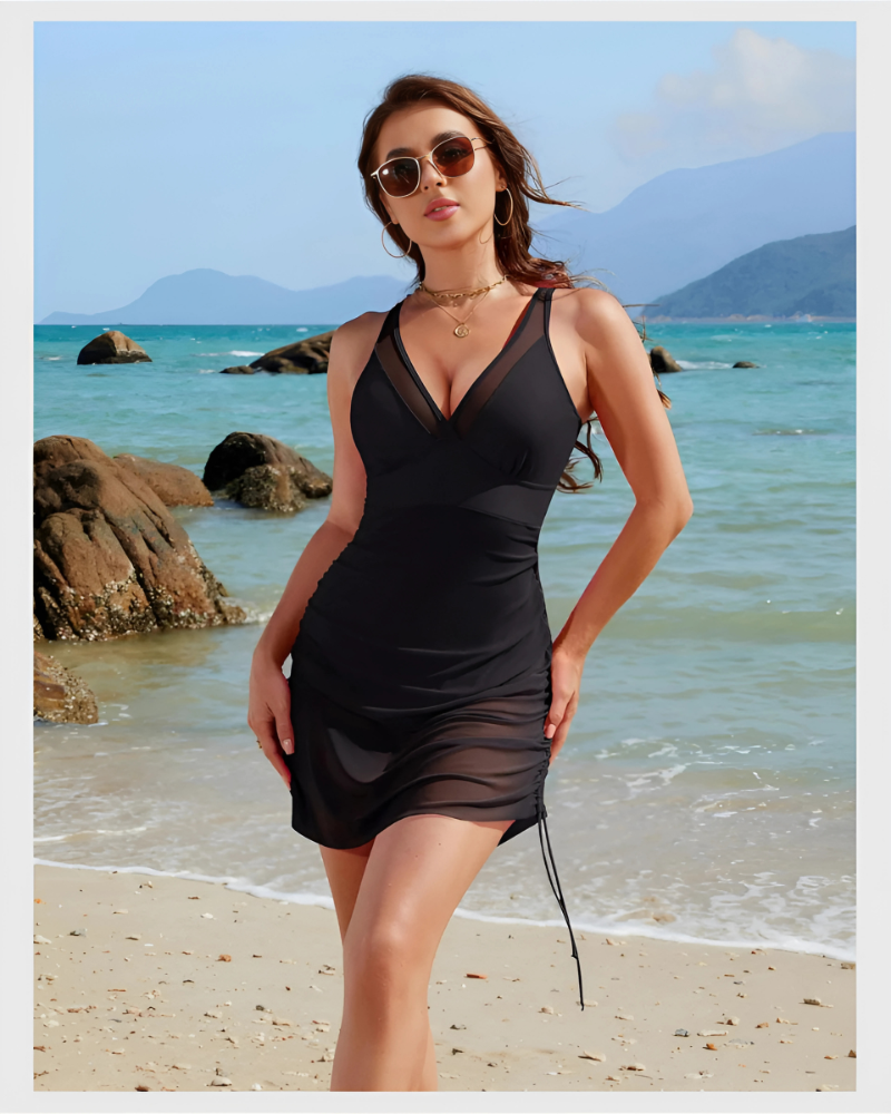 GlamSwim™ One-Piece Swimsuit with Sheer Mesh Skirt